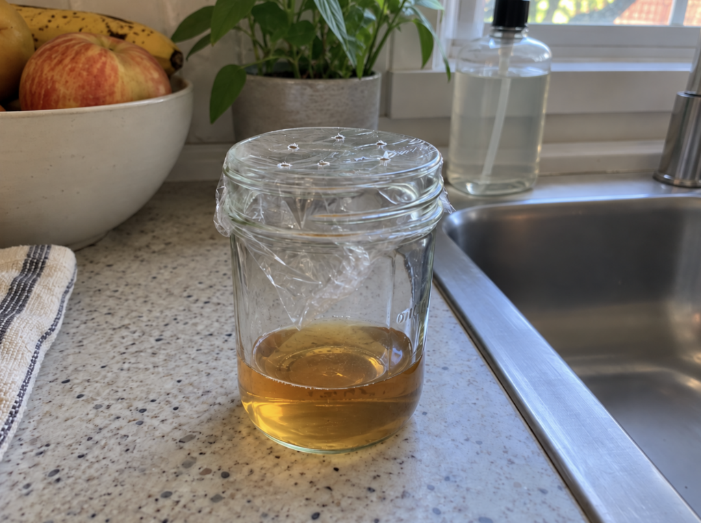 Homemade fruit fly trap made with apple cider vinegar and dish soap in a jar covered with plastic wrap