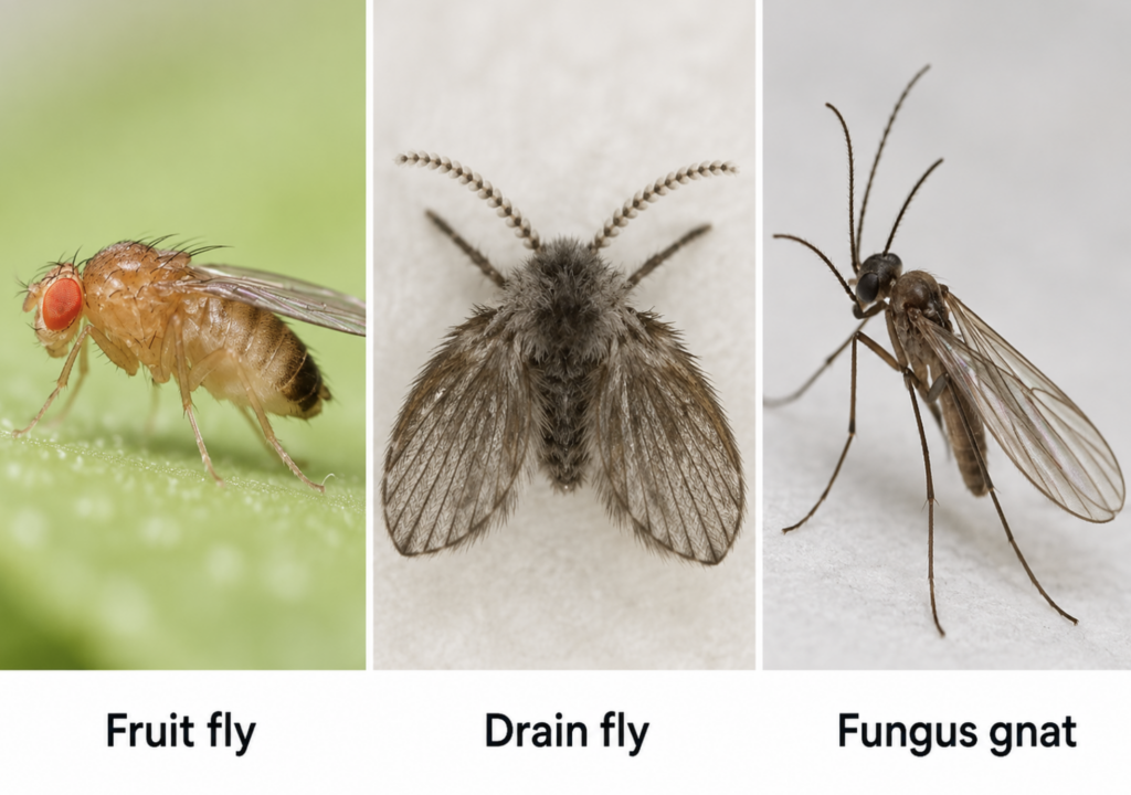 Close-up comparison of a fruit fly, a drain fly, and a fungus gnat
